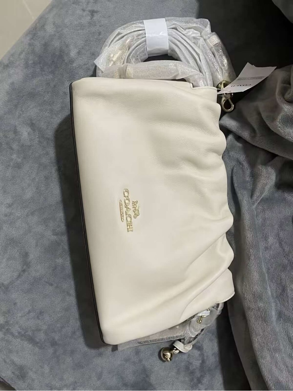 Coach Cream Leather Ruched Crossbody with Gold Hardware